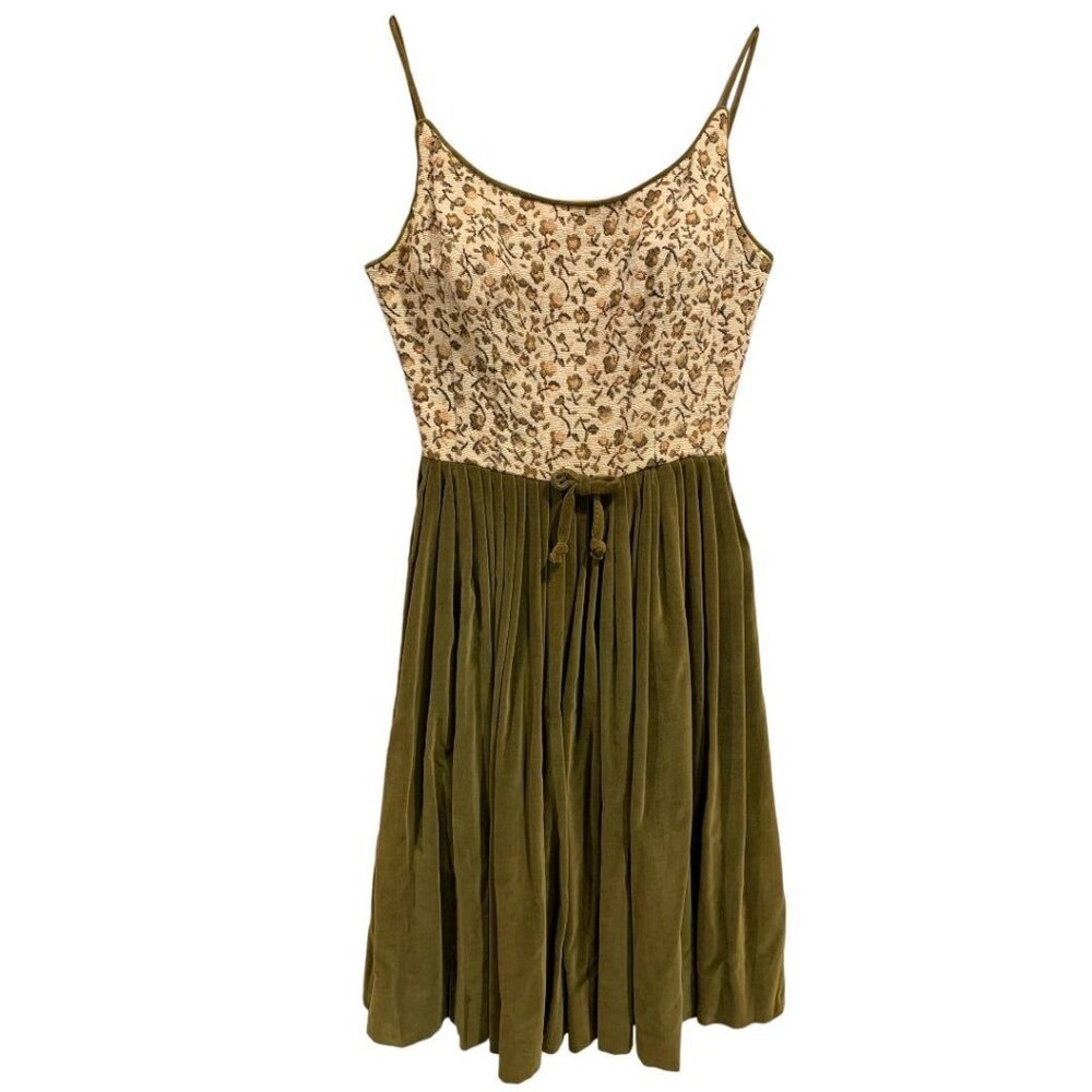 Juene Leique by Cherberg Dress Vintage 1960s Green Velvet Tapestry Bodice A-Line